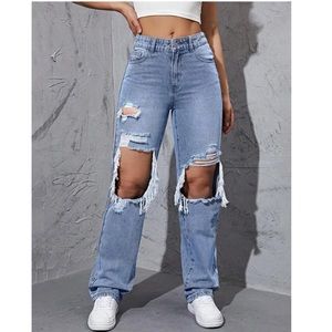 Shein Ripped Cut Out Straight Leg Jeans